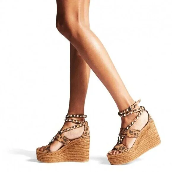 Jimmy Choo DANICA 110 Leopard Print Suede w/ Pearls and Studs Wedges 38